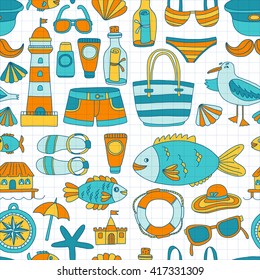Doodle beach and Travel icons Hand drawn picture