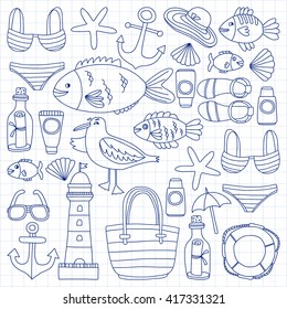 Doodle beach and Travel icons Hand drawn picture