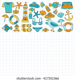 Doodle beach and Travel icons Hand drawn picture