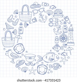 Doodle beach and Travel icons Hand drawn picture