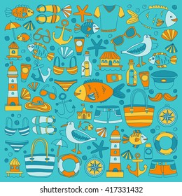 Doodle beach and Travel icons Hand drawn picture