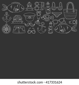Doodle beach and Travel icons Hand drawn picture