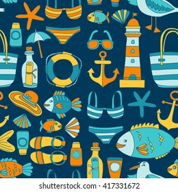 Doodle beach and Travel icons Hand drawn picture