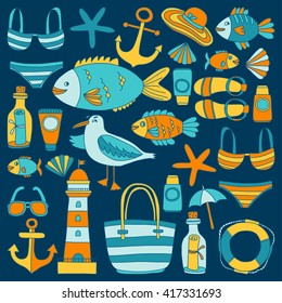 Doodle beach and Travel icons Hand drawn picture