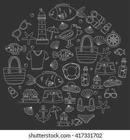Doodle beach and Travel icons Hand drawn picture