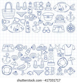 Doodle beach and Travel icons Hand drawn picture