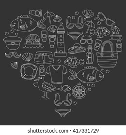 Doodle beach and Travel icons Hand drawn picture