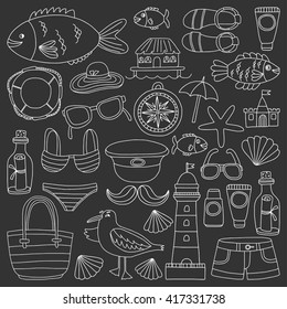 Doodle beach and Travel icons Hand drawn picture