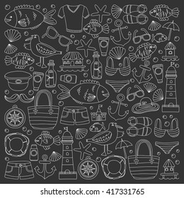 Doodle beach and Travel icons Hand drawn picture