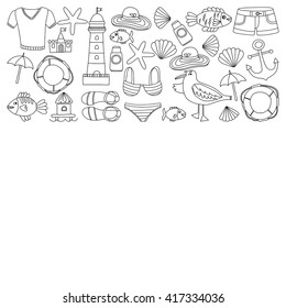 Doodle beach and Travel icons Hand drawn picture