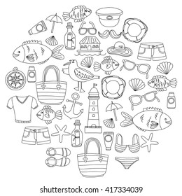 Doodle beach and Travel icons Hand drawn picture