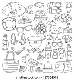 Doodle beach and Travel icons Hand drawn picture