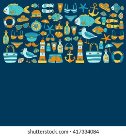 Doodle beach and Travel icons Hand drawn picture