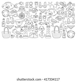Doodle beach and Travel icons Hand drawn picture