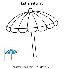 Doodle beach umbrella summer coloring pages for kids. Trace and color beach umbrella. Summer worksheets for kids activity printable. Cartoon beach umbrella sunshade clip art vector.