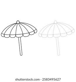 Doodle beach umbrella summer coloring pages for kids. Trace and color beach umbrella. Summer worksheets for kids activity printable. Cartoon beach umbrella sunshade clip art vector.