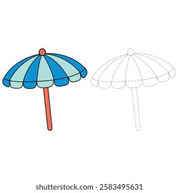 Doodle beach umbrella summer coloring pages for kids. Trace and color beach umbrella. Summer worksheets for kids activity printable. Cartoon beach umbrella sunshade clip art vector.