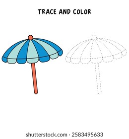 Doodle beach umbrella summer coloring pages for kids. Trace and color beach umbrella. Summer worksheets for kids activity printable. Cartoon beach umbrella sunshade clip art vector.