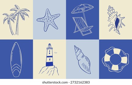 Doodle beach vacation icon set with palm trees, shell, starfish, lighthouse and lifebuoy. Vintage hand drawn vector illustration