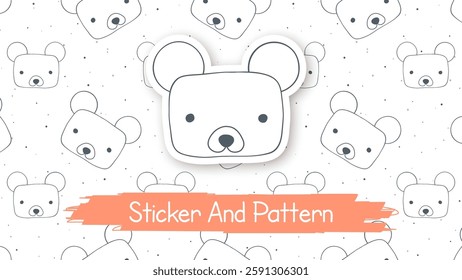 Doodle Bear Cartoon Character, Hand Drawn Kids Animal Style, Seamless Pattern, Sticker With Shadow. Vector eps 10.