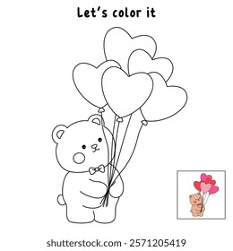 Doodle Bear with heart balloons valentine day clipart vector. Bear with heart balloons coloring pages printable for valentine theme. Trace and color bear. Valentine cute elements for card, sticker.