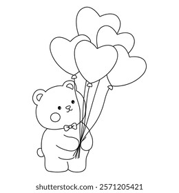 Doodle Bear with heart balloons valentine day clipart vector. Bear with heart balloons coloring pages printable for valentine theme. Trace and color bear. Valentine cute elements for card, sticker.