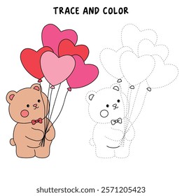 Doodle Bear with heart balloons valentine day clipart vector. Bear with heart balloons coloring pages printable for valentine theme. Trace and color bear. Valentine cute elements for card, sticker.