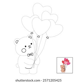 Doodle Bear with heart balloons valentine day clipart vector. Bear with heart balloons coloring pages printable for valentine theme. Trace and color bear. Valentine cute elements for card, sticker.