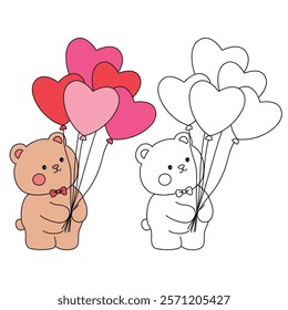 Doodle Bear with heart balloons valentine day clipart vector. Bear with heart balloons coloring pages printable for valentine theme. Trace and color bear. Valentine cute elements for card, sticker.