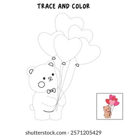 Doodle Bear with heart balloons valentine day clipart vector. Bear with heart balloons coloring pages printable for valentine theme. Trace and color bear. Valentine cute elements for card, sticker.