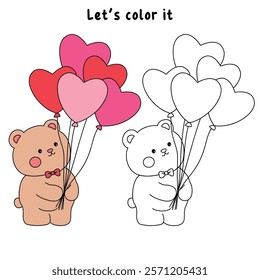 Doodle Bear with heart balloons valentine day clipart vector. Bear with heart balloons coloring pages printable for valentine theme. Trace and color bear. Valentine cute elements for card, sticker.