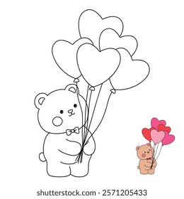 Doodle Bear with heart balloons valentine day clipart vector. Bear with heart balloons coloring pages printable for valentine theme. Trace and color bear. Valentine cute elements for card, sticker.