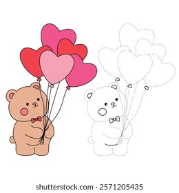 Doodle Bear with heart balloons valentine day clipart vector. Bear with heart balloons coloring pages printable for valentine theme. Trace and color bear. Valentine cute elements for card, sticker.