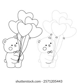 Doodle Bear with heart balloons valentine day clipart vector. Bear with heart balloons coloring pages printable for valentine theme. Trace and color bear. Valentine cute elements for card, sticker.