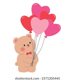 Doodle Bear with heart balloons valentine day clipart vector. Bear with heart balloons coloring pages printable for valentine theme. Trace and color bear. Valentine cute elements for card, sticker.