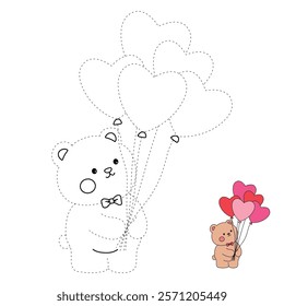 Doodle Bear with heart balloons valentine day clipart vector. Bear with heart balloons coloring pages printable for valentine theme. Trace and color bear. Valentine cute elements for card, sticker.