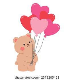 Doodle Bear with heart balloons valentine day clipart vector. Bear with heart balloons coloring pages printable for valentine theme. Trace and color bear. Valentine cute elements for card, sticker.