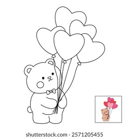 Doodle Bear with heart balloons valentine day clipart vector. Bear with heart balloons coloring pages printable for valentine theme. Trace and color bear. Valentine cute elements for card, sticker.