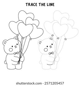 Doodle Bear with heart balloons valentine day clipart vector. Bear with heart balloons coloring pages printable for valentine theme. Trace and color bear. Valentine cute elements for card, sticker.