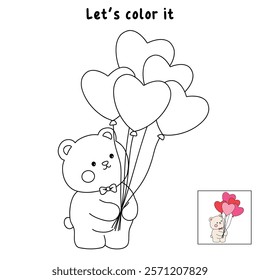 Doodle bear with heart balloons valentine day clipart vector. Bear with heart balloons coloring pages printable for valentine theme. Trace and color bear. Valentine cute elements for card, sticker.