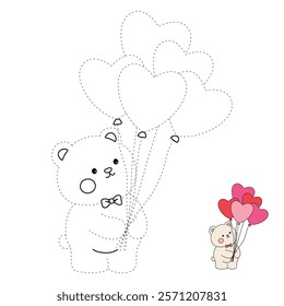 Doodle bear with heart balloons valentine day clipart vector. Bear with heart balloons coloring pages printable for valentine theme. Trace and color bear. Valentine cute elements for card, sticker.