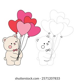 Doodle bear with heart balloons valentine day clipart vector. Bear with heart balloons coloring pages printable for valentine theme. Trace and color bear. Valentine cute elements for card, sticker.