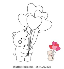 Doodle bear with heart balloons valentine day clipart vector. Bear with heart balloons coloring pages printable for valentine theme. Trace and color bear. Valentine cute elements for card, sticker.