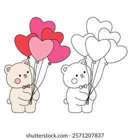 Doodle bear with heart balloons valentine day clipart vector. Bear with heart balloons coloring pages printable for valentine theme. Trace and color bear. Valentine cute elements for card, sticker.