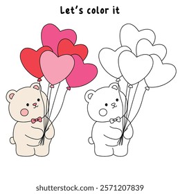 Doodle bear with heart balloons valentine day clipart vector. Bear with heart balloons coloring pages printable for valentine theme. Trace and color bear. Valentine cute elements for card, sticker.