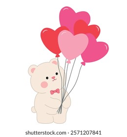 Doodle bear with heart balloons valentine day clipart vector. Bear with heart balloons coloring pages printable for valentine theme. Trace and color bear. Valentine cute elements for card, sticker.