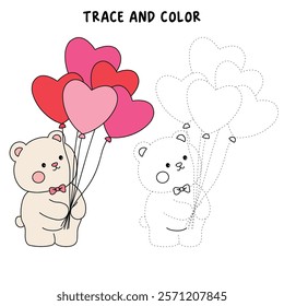 Doodle bear with heart balloons valentine day clipart vector. Bear with heart balloons coloring pages printable for valentine theme. Trace and color bear. Valentine cute elements for card, sticker.