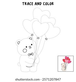 Doodle bear with heart balloons valentine day clipart vector. Bear with heart balloons coloring pages printable for valentine theme. Trace and color bear. Valentine cute elements for card, sticker.