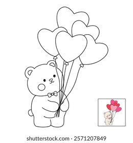 Doodle bear with heart balloons valentine day clipart vector. Bear with heart balloons coloring pages printable for valentine theme. Trace and color bear. Valentine cute elements for card, sticker.