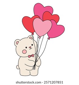 Doodle bear with heart balloons valentine day clipart vector. Bear with heart balloons coloring pages printable for valentine theme. Trace and color bear. Valentine cute elements for card, sticker.